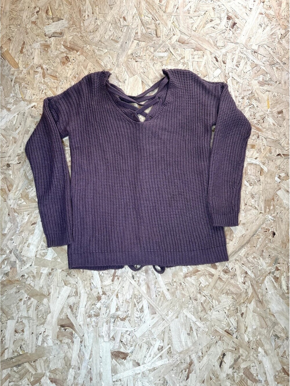 Pink Rose Sweater Womens Large Purple Knit Lace Up Back V-Neck Long Sleeve